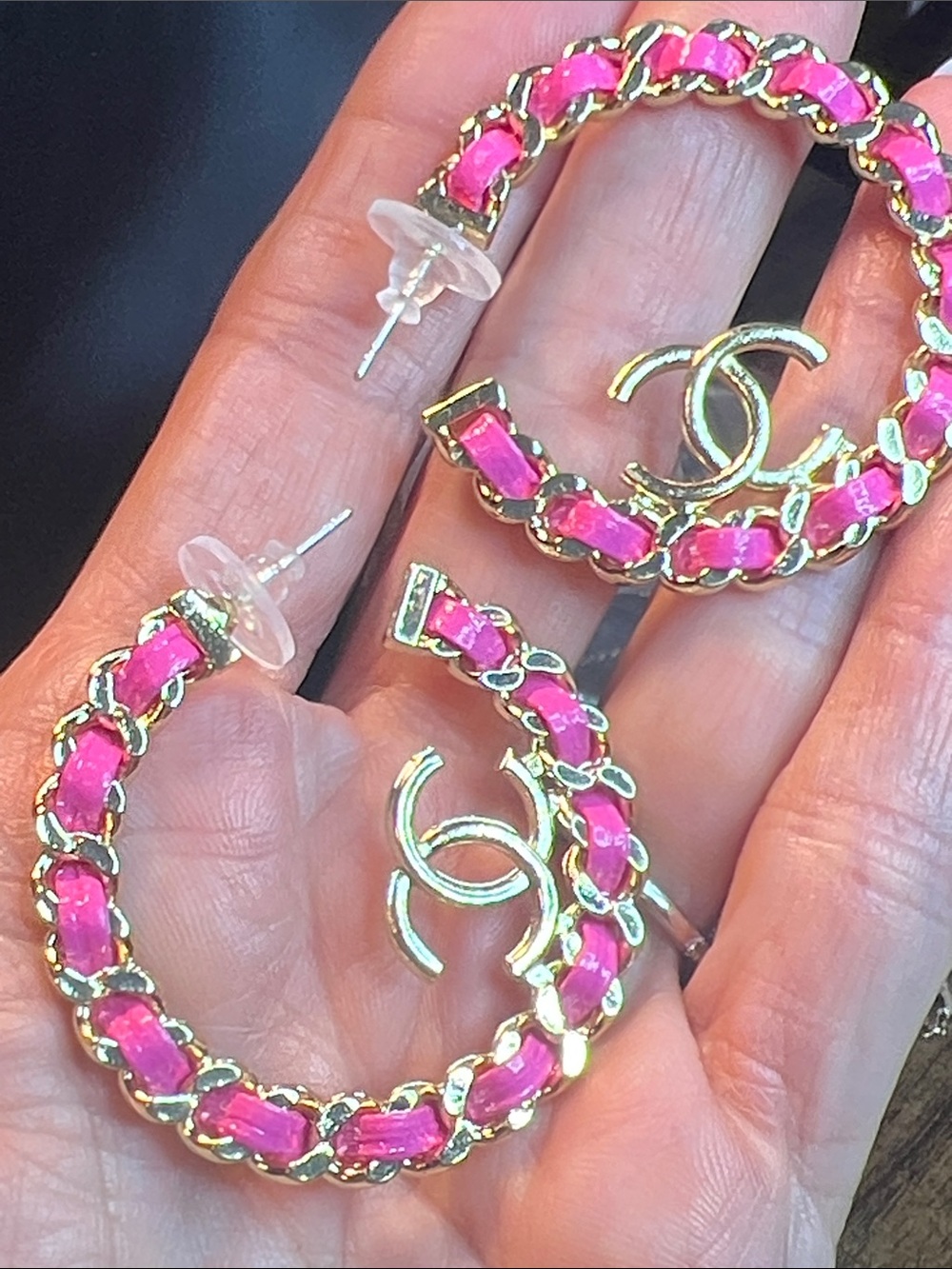 Hot Pink and Gold Chain Hoop Earrings with C Charm